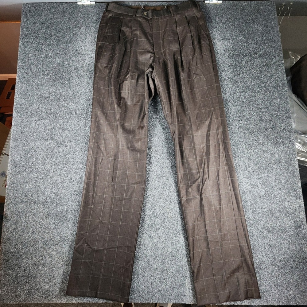 Scabal Bespoke 2 Pc Suit Mens 43XL Pants35x37 Brown Windowpane Super 100s Wool - Picture 15 of 16